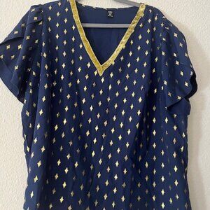 Plus Size Navy Blue and Gold Short Sleeve Collar Tunic - 2xl